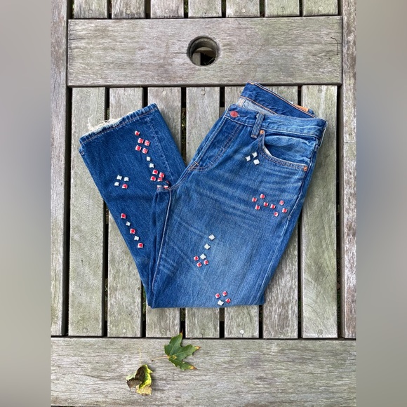 Levi’s 501 Cropped Straight Jeans with Red & White Enamel Studs 🎉host pick !🎉 - Picture 6 of 11